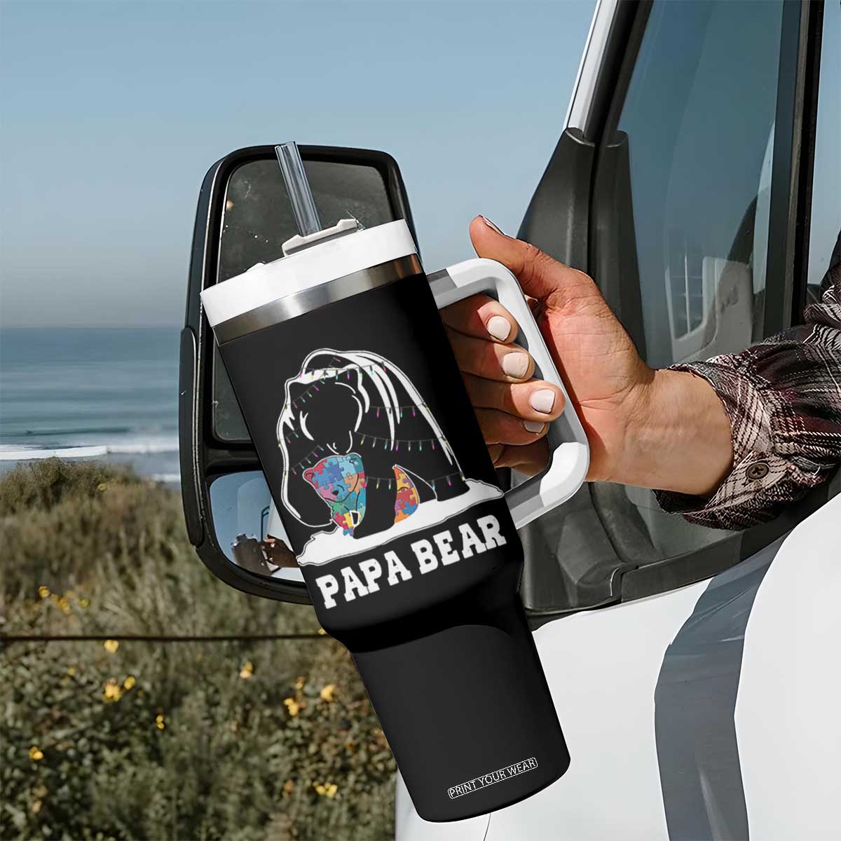 Autism Papa Bear Tumbler With Handle Support Autistic Matching Family Dad TS02 Print Your Wear