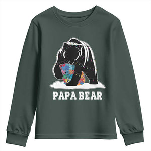 Autism Papa Bear Youth Sweatshirt Support Autistic Matching Family Dad TS02 Dark Forest Green Print Your Wear