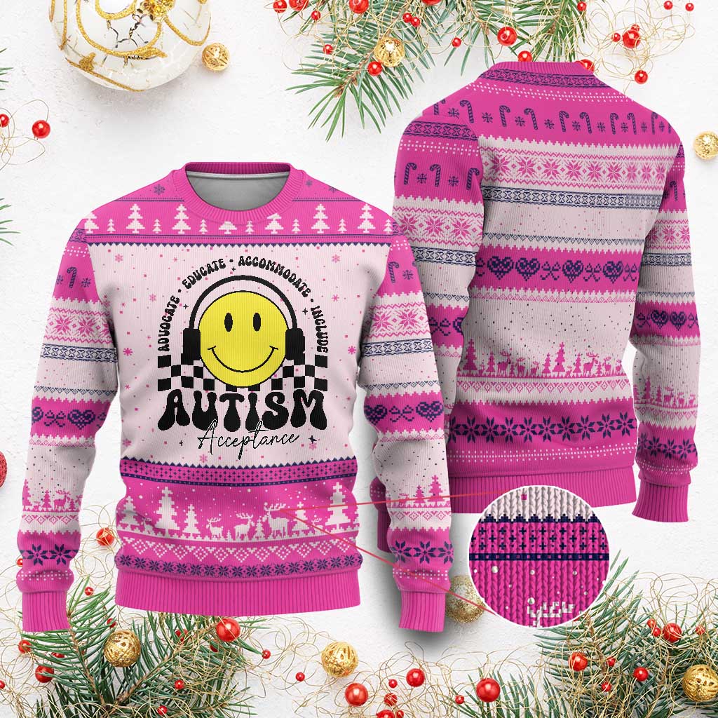 Autism Acceptance Ugly Christmas Sweater Advocate Educate Accomodate Include Special Education TS02 Hot Pink Print Your Wear