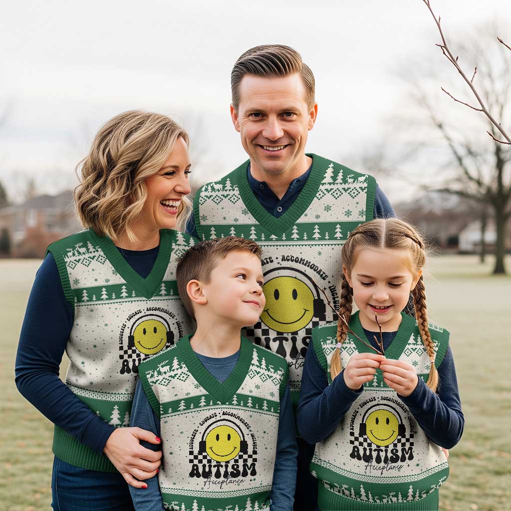 Autism Acceptance V-Neck Knit Sweater Vest Advocate Educate Accomodate Include Special Education TS02 Beige Green Print Your Wear