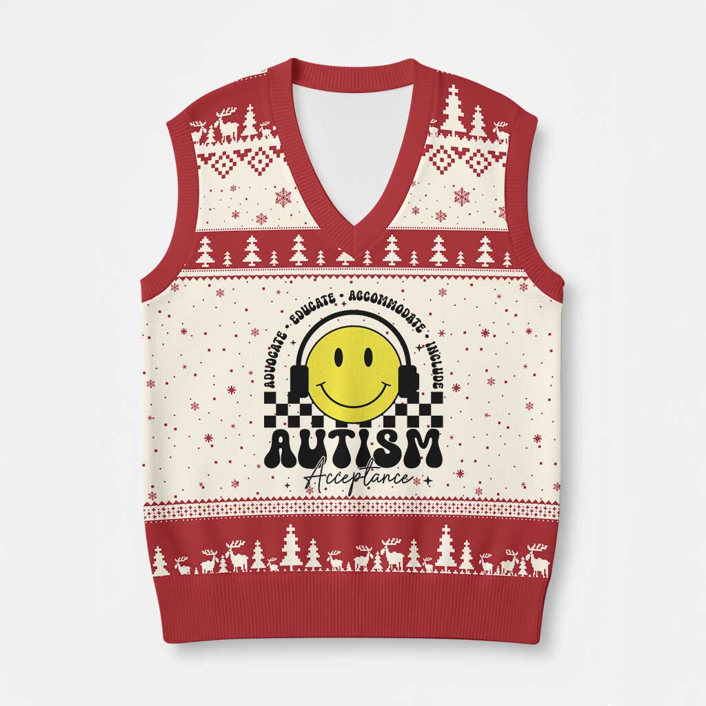 Autism Acceptance V-Neck Knit Sweater Vest Advocate Educate Accomodate Include Special Education TS02 Beige Red Print Your Wear