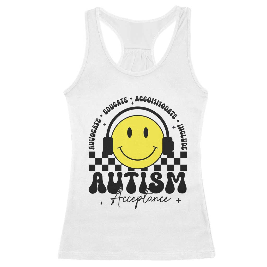 Autism Acceptance Racerback Tank Top Advocate Educate Accomodate Include Special Education TS02 White Print Your Wear