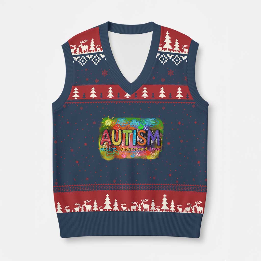 Autism Acceptance V-Neck Knit Sweater Vest Accept Understand Love Autistic Support TS02 Navy Red Print Your Wear