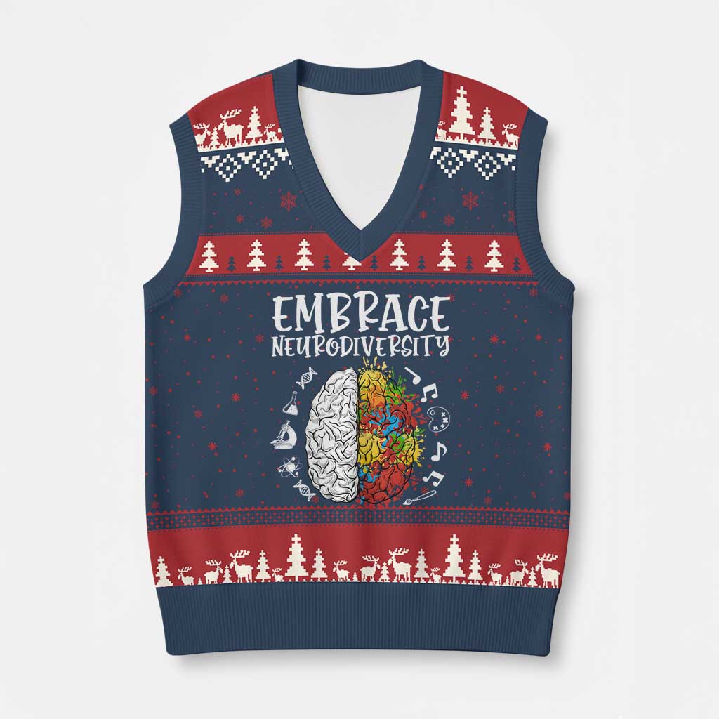 Embrace Neurodiversity V-Neck Knit Sweater Vest Autism Awareness ASD ADHD Acceptance TS02 Navy Red Print Your Wear