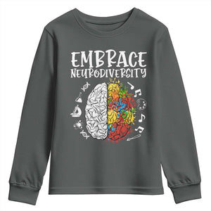 Embrace Neurodiversity Youth Sweatshirt Autism Awareness ASD ADHD Acceptance TS02 Dark Heather Print Your Wear