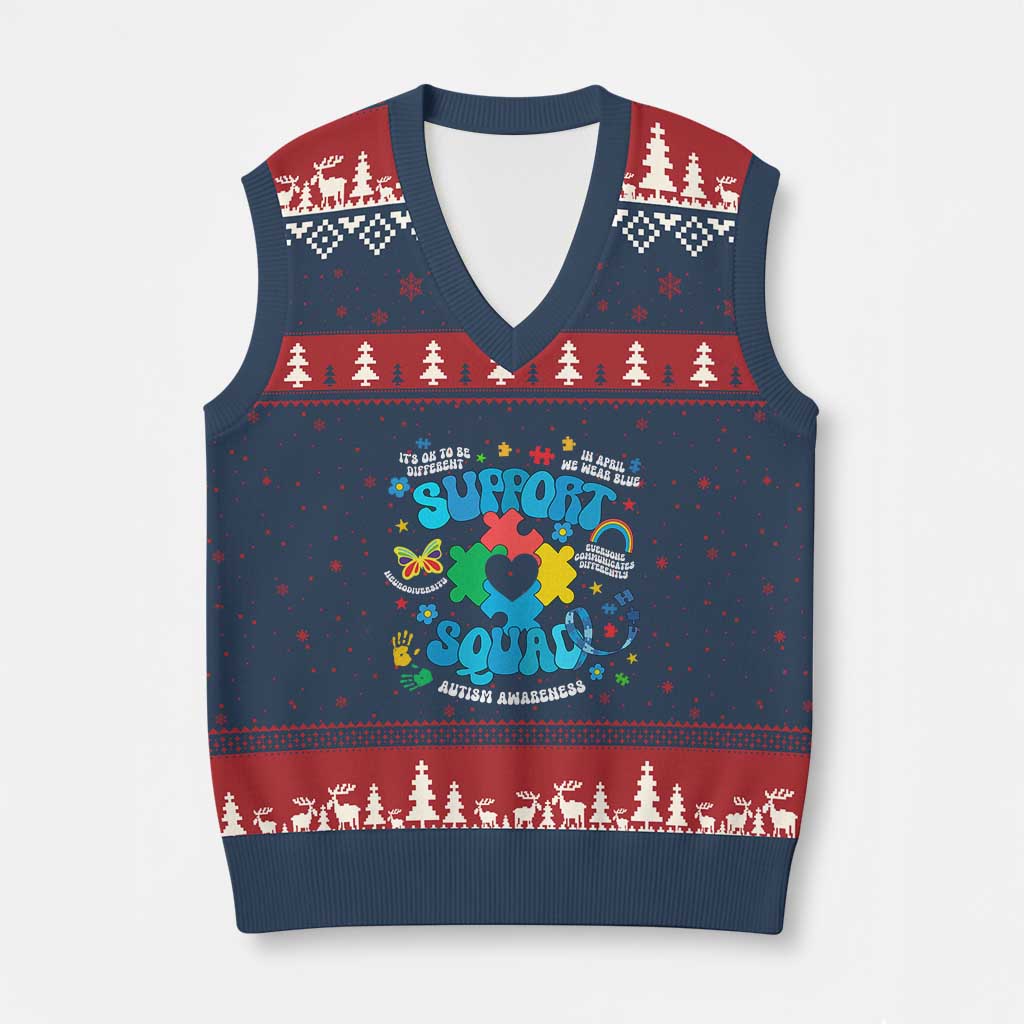 Autism Awareness Support Squad V-Neck Knit Sweater Vest In April We Wear Blue TS02 Navy Red Print Your Wear