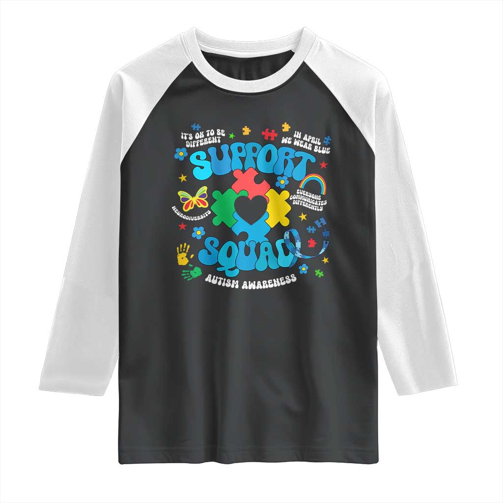 Autism Awareness Support Squad Raglan Shirt In April We Wear Blue TS02 Black White Print Your Wear
