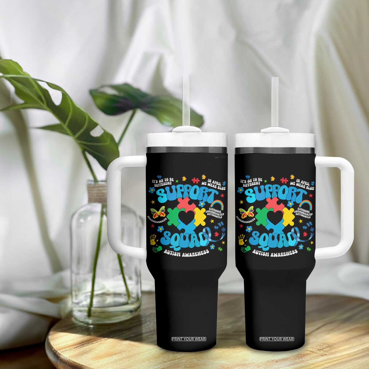 Autism Awareness Support Squad Tumbler With Handle In April We Wear Blue TS02 Print Your Wear