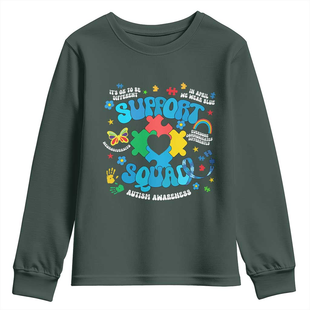 Autism Awareness Support Squad Youth Sweatshirt In April We Wear Blue TS02 Dark Forest Green Print Your Wear