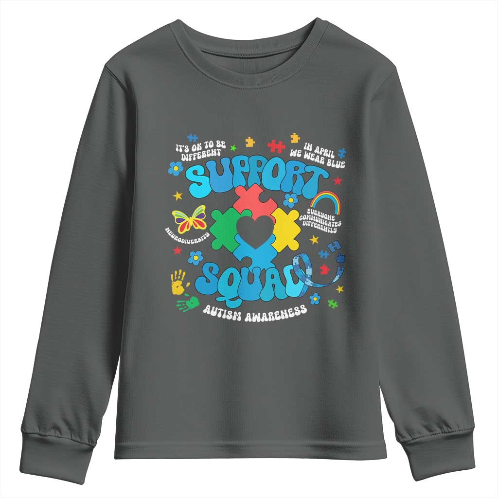 Autism Awareness Support Squad Youth Sweatshirt In April We Wear Blue TS02 Dark Heather Print Your Wear