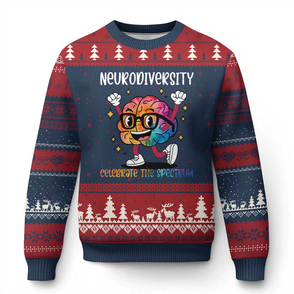 Neurodiversity Brain Ugly Christmas Sweater Celebrate The Spectrum Autism Acceptance ASD ADHD TS02 Navy Red Print Your Wear