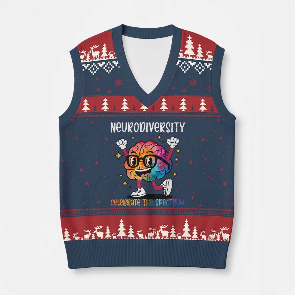 Neurodiversity Brain V-Neck Knit Sweater Vest Celebrate The Spectrum Autism Acceptance ASD ADHD TS02 Navy Red Print Your Wear