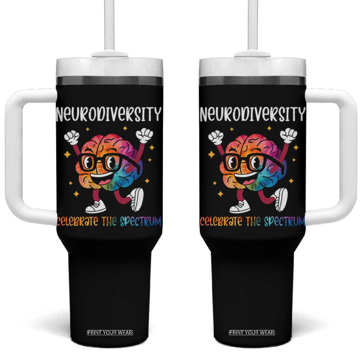 Neurodiversity Brain Tumbler With Handle Celebrate The Spectrum Autism Acceptance ASD ADHD TS02 One Size: 40 oz Black Print Your Wear