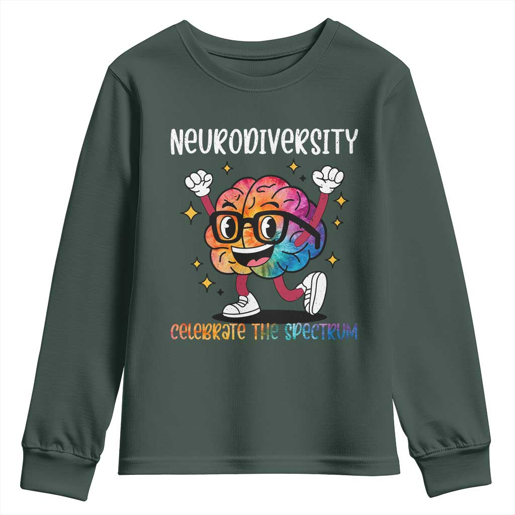 Neurodiversity Brain Youth Sweatshirt Celebrate The Spectrum Autism Acceptance ASD ADHD TS02 Dark Forest Green Print Your Wear