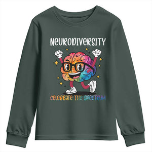 Neurodiversity Brain Youth Sweatshirt Celebrate The Spectrum Autism Acceptance ASD ADHD TS02 Dark Forest Green Print Your Wear