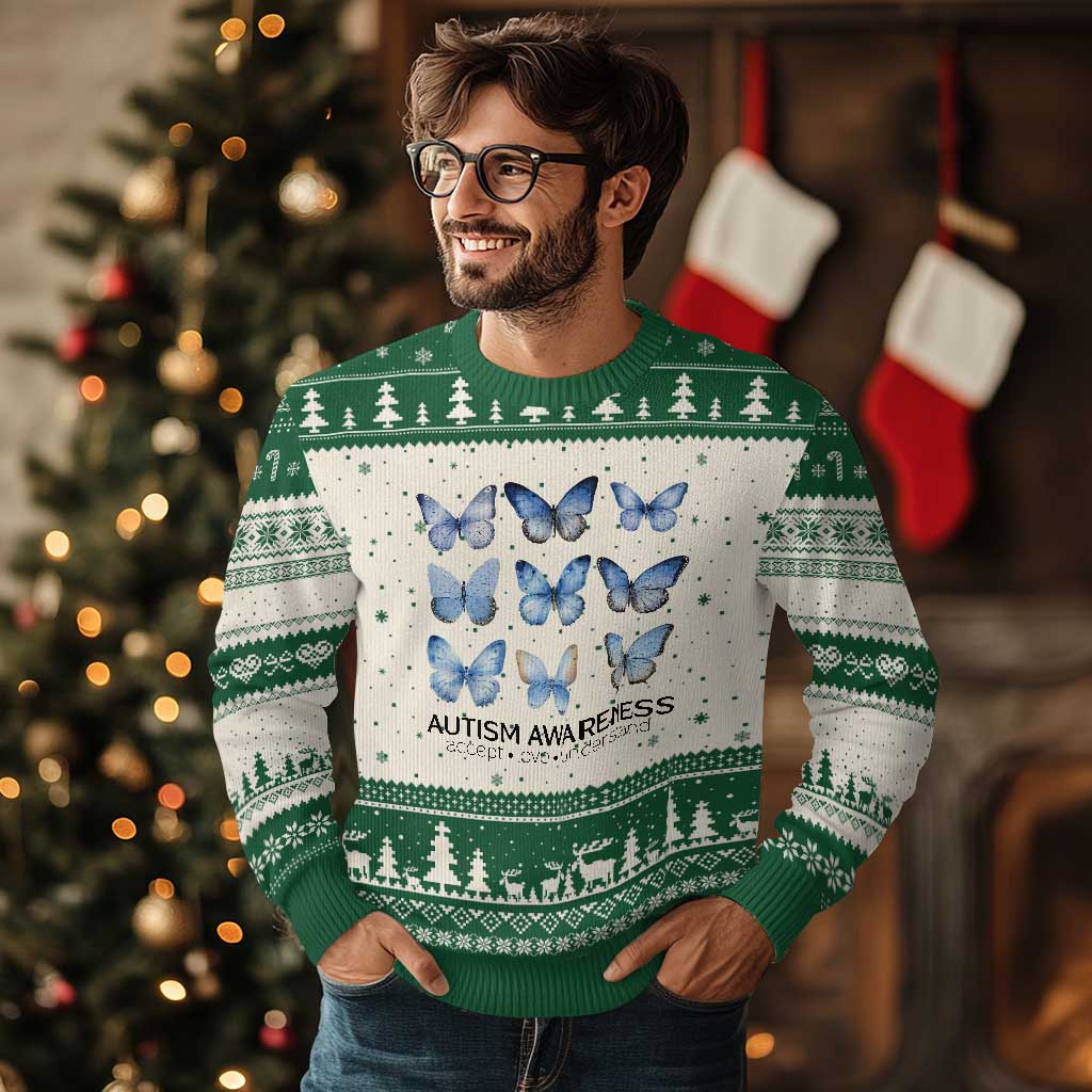 Autism Awareness Blue Butterflies Ugly Christmas Sweater Accept Love Understand TS02 Beige Green Print Your Wear