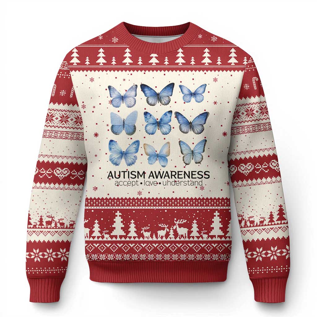 Autism Awareness Blue Butterflies Ugly Christmas Sweater Accept Love Understand TS02 Beige Red Print Your Wear