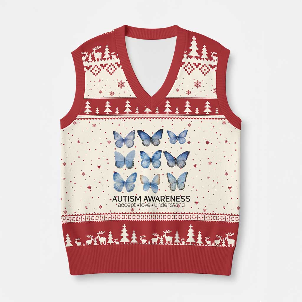 Autism Awareness Blue Butterflies V-Neck Knit Sweater Vest Accept Love Understand TS02 Beige Red Print Your Wear