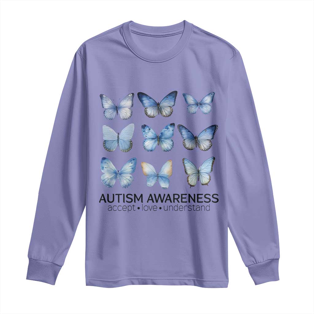 Autism Awareness Blue Butterflies Long Sleeve Shirt Accept Love Understand TS02 Violet Print Your Wear