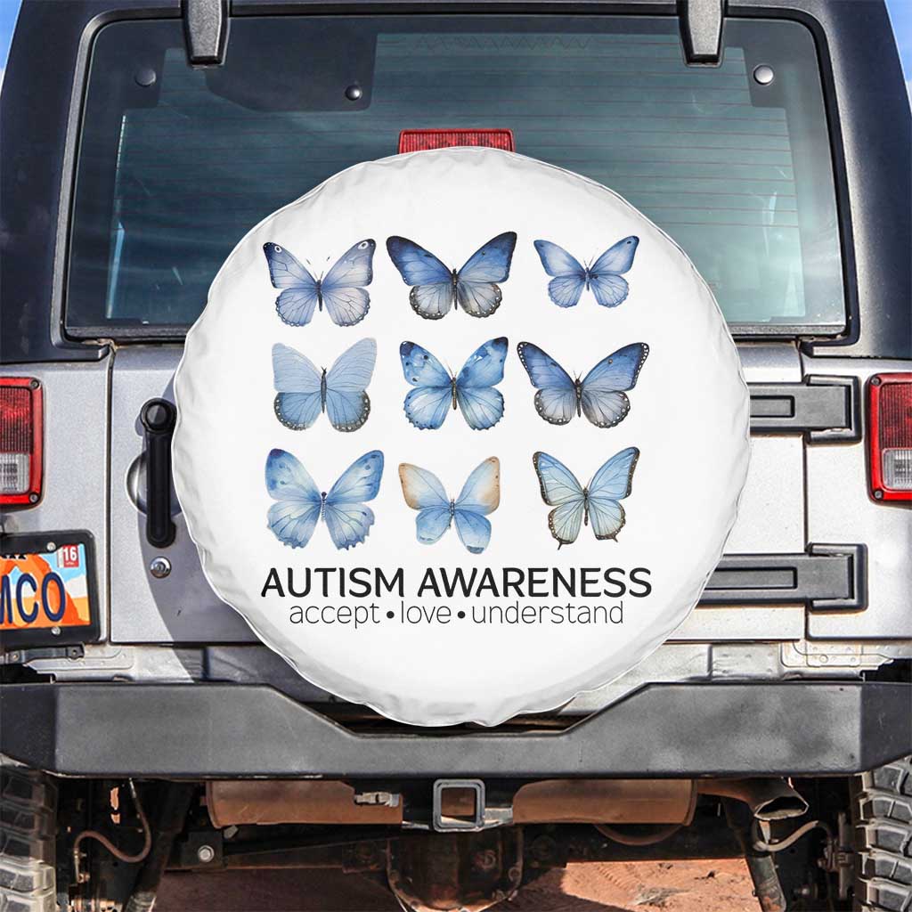 Autism Awareness Blue Butterflies Spare Tire Cover Accept Love Understand TS02 No hole White Print Your Wear