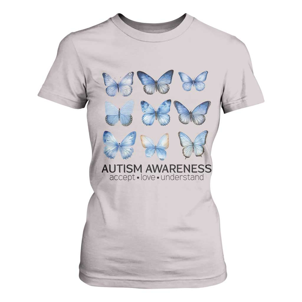 Autism Awareness Blue Butterflies T Shirt For Women Accept Love Understand TS02 Ice Gray Print Your Wear