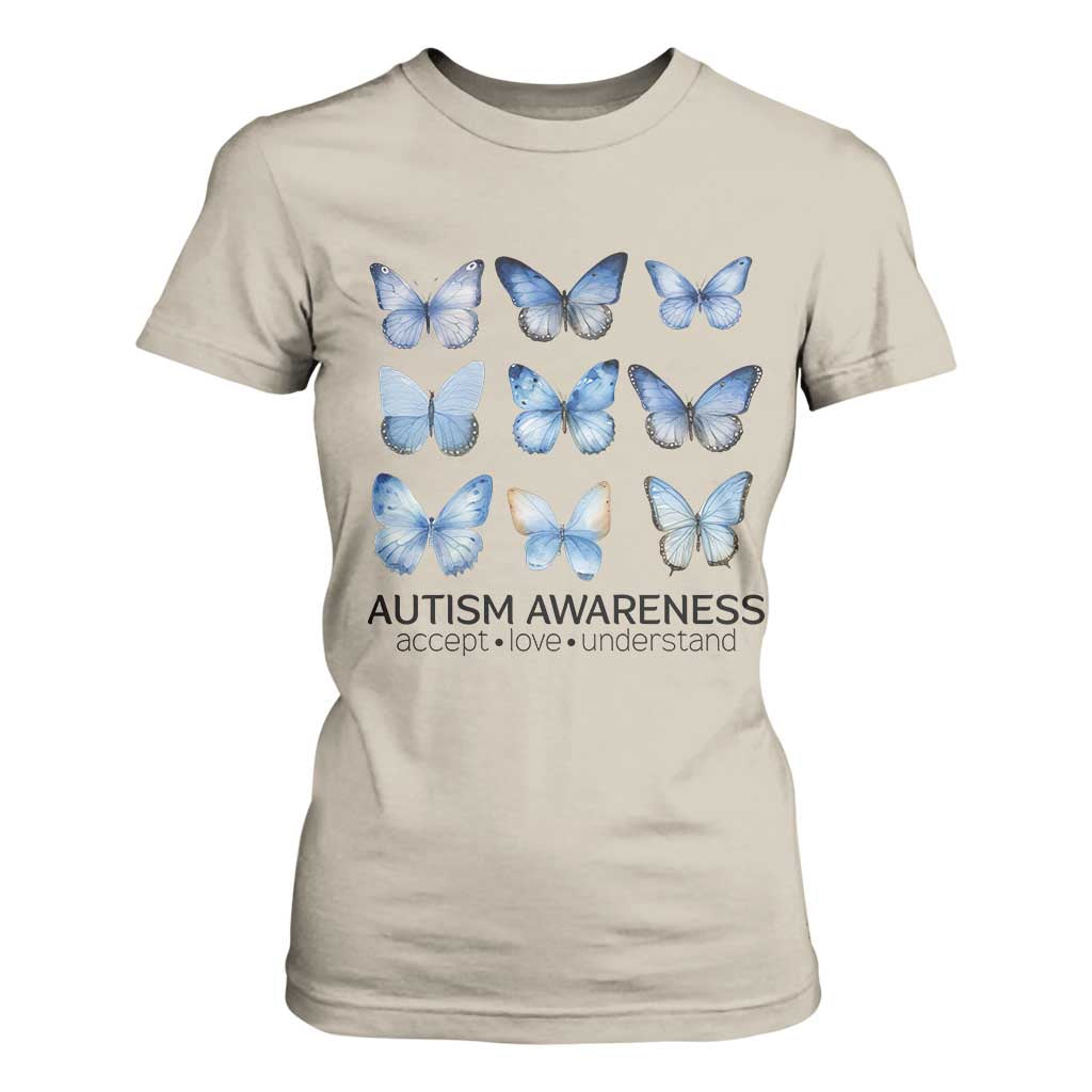 Autism Awareness Blue Butterflies T Shirt For Women Accept Love Understand TS02 Sand Print Your Wear