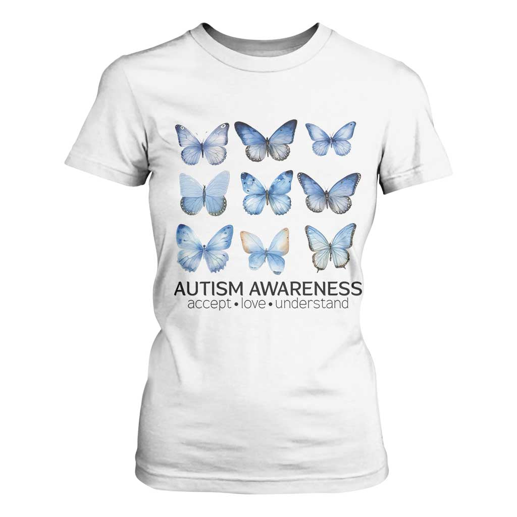 Autism Awareness Blue Butterflies T Shirt For Women Accept Love Understand TS02 White Print Your Wear