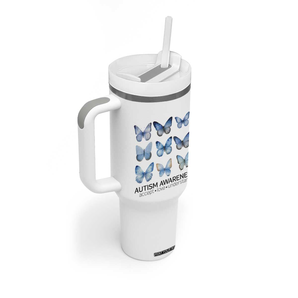 Autism Awareness Blue Butterflies Tumbler With Handle Accept Love Understand TS02 Print Your Wear