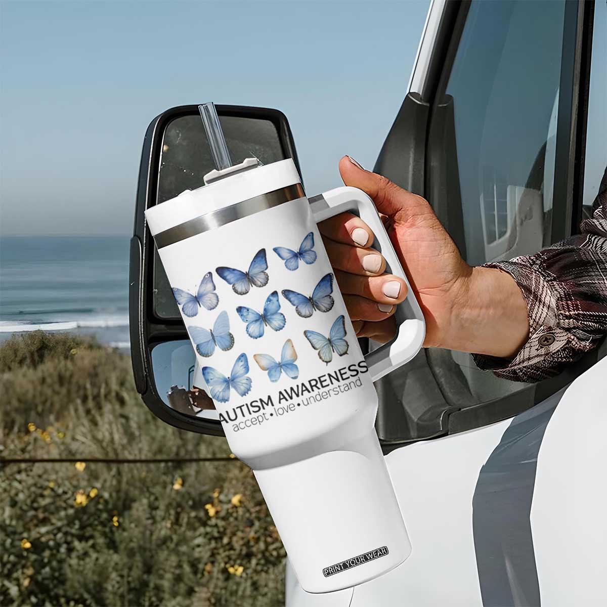 Autism Awareness Blue Butterflies Tumbler With Handle Accept Love Understand TS02 Print Your Wear