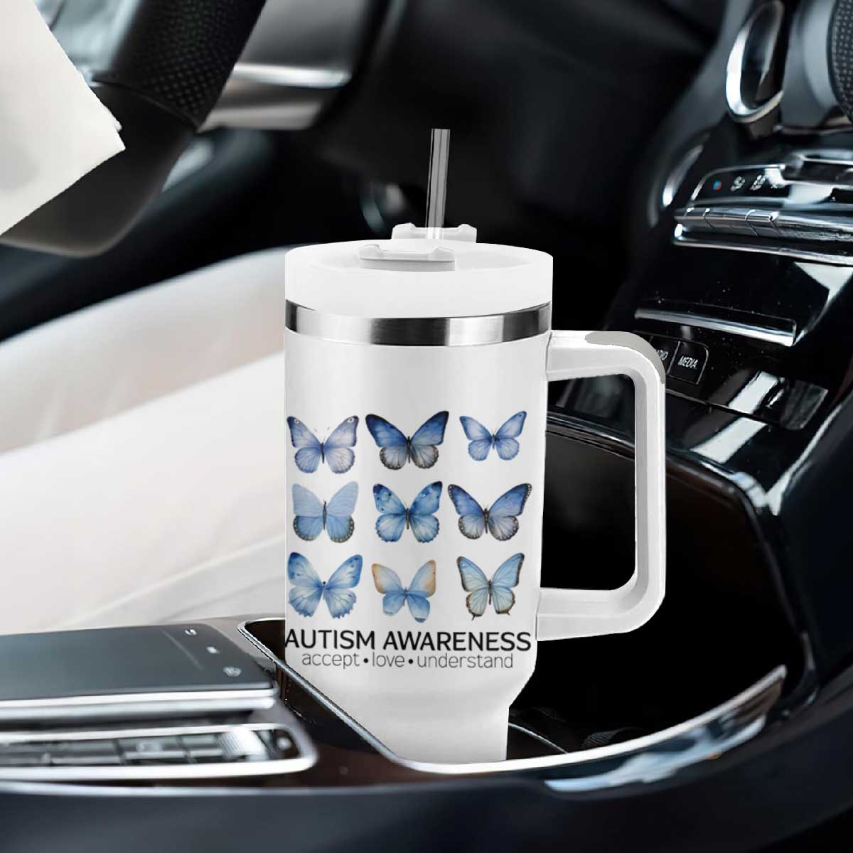 Autism Awareness Blue Butterflies Tumbler With Handle Accept Love Understand TS02 Print Your Wear