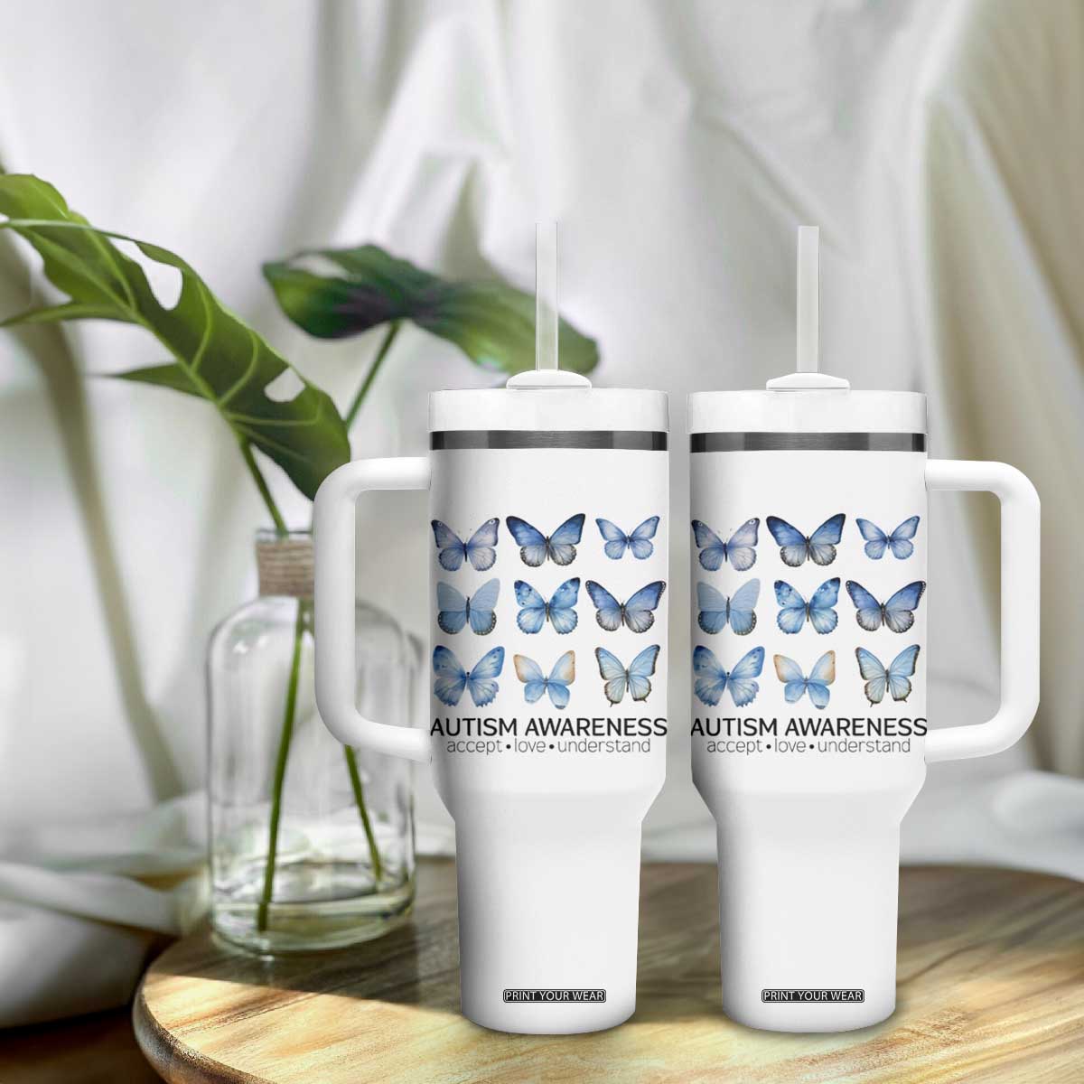 Autism Awareness Blue Butterflies Tumbler With Handle Accept Love Understand TS02 Print Your Wear