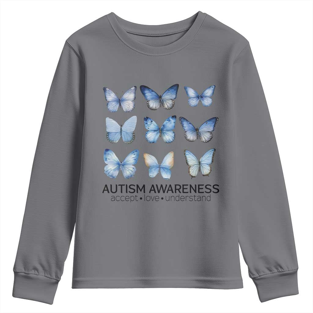 Autism Awareness Blue Butterflies Youth Sweatshirt Accept Love Understand TS02 Charcoal Print Your Wear