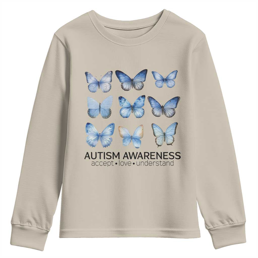 Autism Awareness Blue Butterflies Youth Sweatshirt Accept Love Understand TS02 Sand Print Your Wear