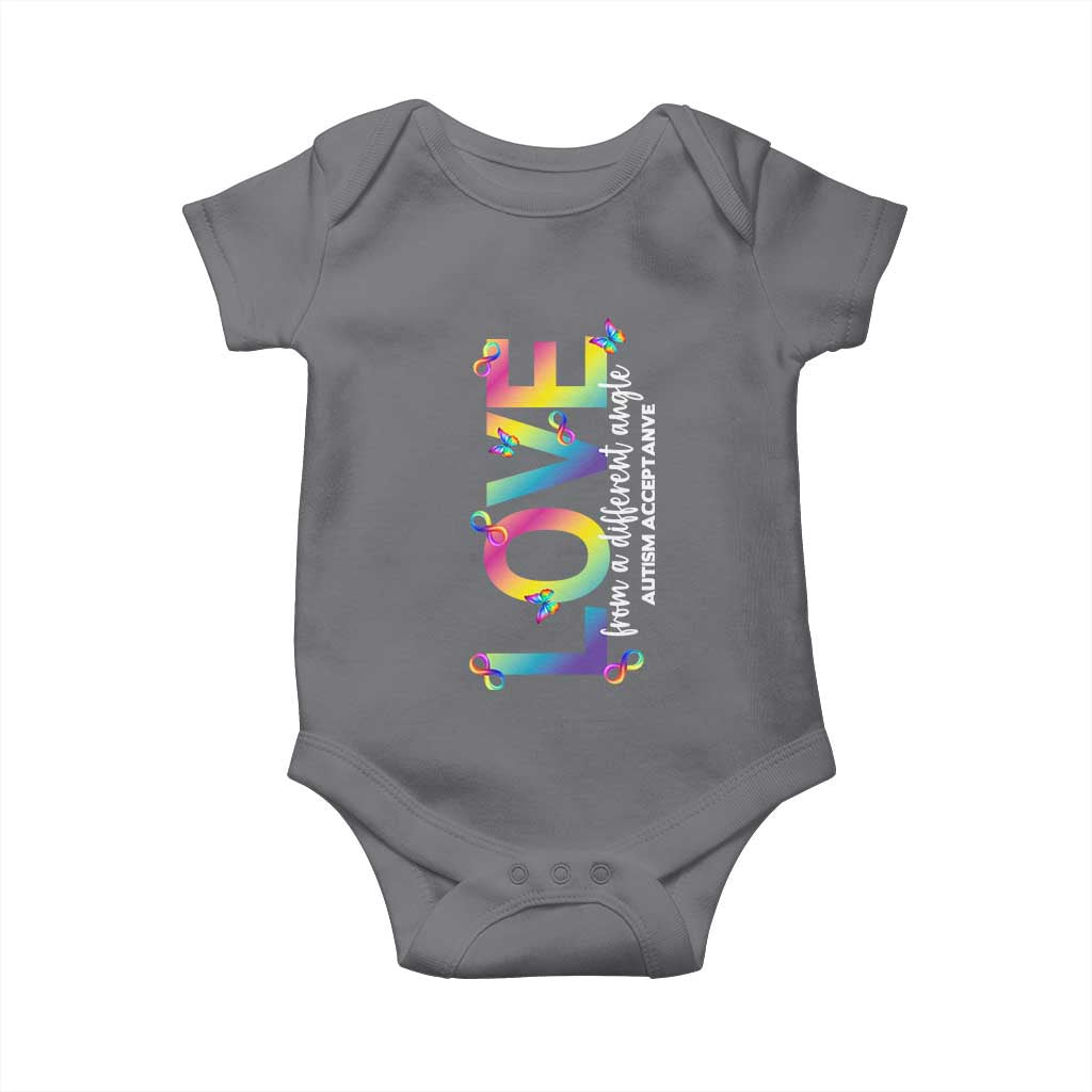 Autism Acceptance Baby Onesie Love From a Different Angle Rainbow Infinity TS02 Charcoal Print Your Wear