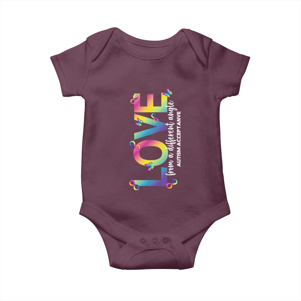 Autism Acceptance Baby Onesie Love From a Different Angle Rainbow Infinity TS02 Maroon Print Your Wear