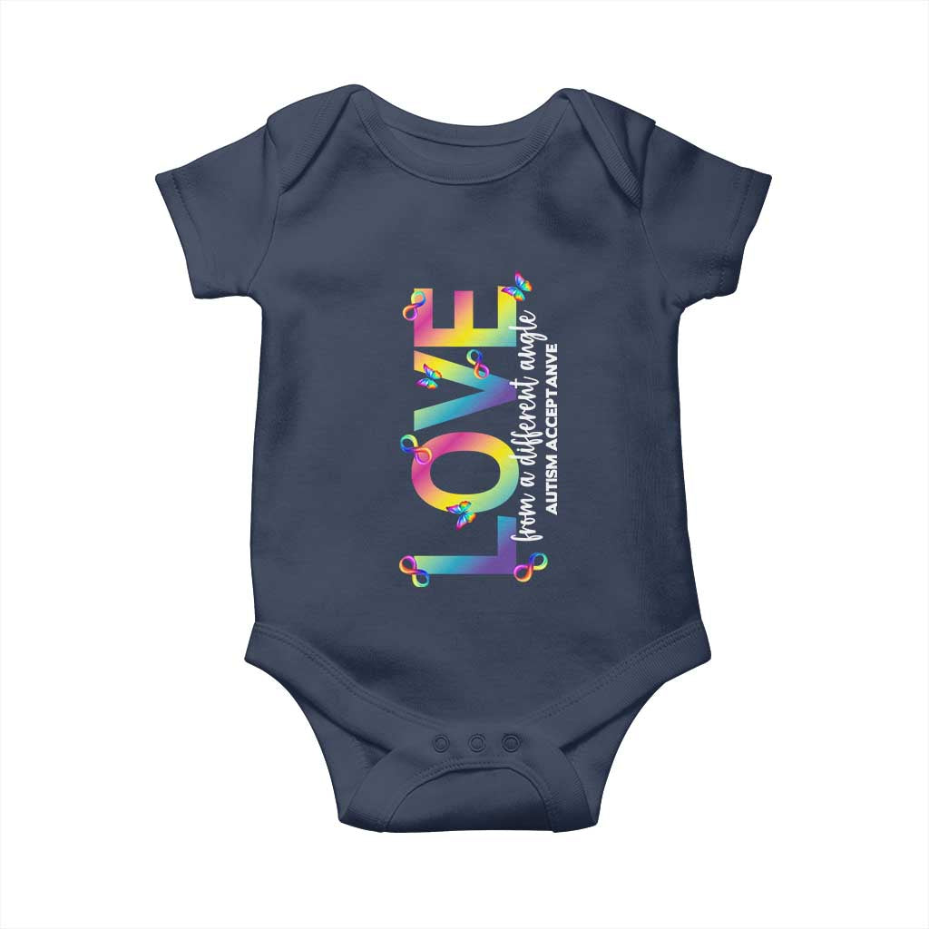 Autism Acceptance Baby Onesie Love From a Different Angle Rainbow Infinity TS02 Navy Print Your Wear