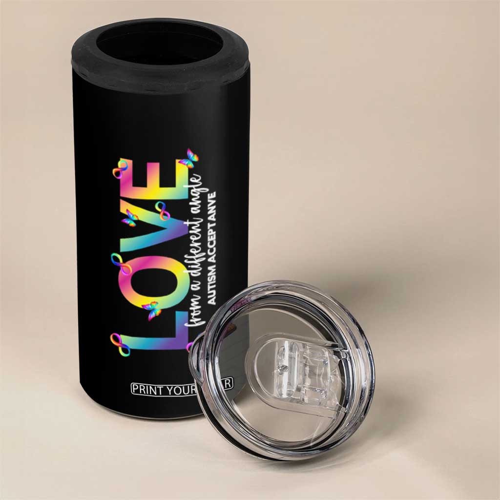 Autism Acceptance 4 in 1 Can Cooler Tumbler Love From a Different Angle Rainbow Infinity TS02 Print Your Wear