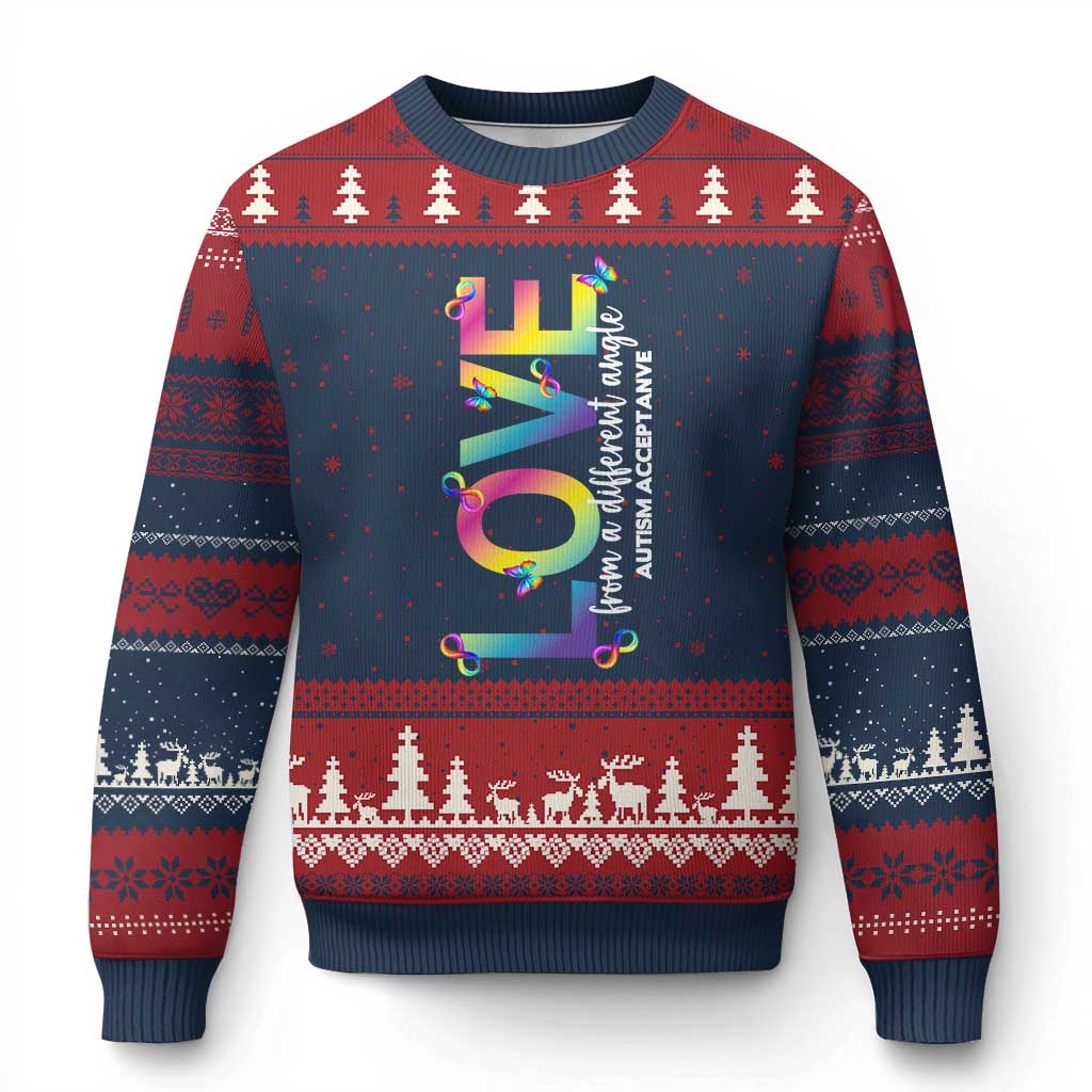 Autism Acceptance Ugly Christmas Sweater Love From a Different Angle Rainbow Infinity TS02 Navy Red Print Your Wear