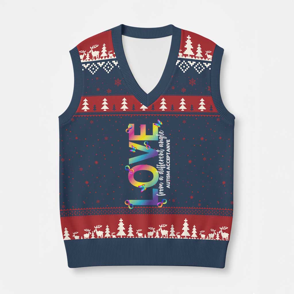 Autism Acceptance V-Neck Knit Sweater Vest Love From a Different Angle Rainbow Infinity TS02 Navy Red Print Your Wear