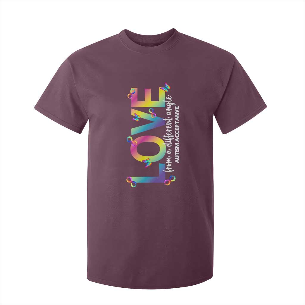 Autism Acceptance T Shirt For Kid Love From a Different Angle Rainbow Infinity TS02 Maroon Print Your Wear