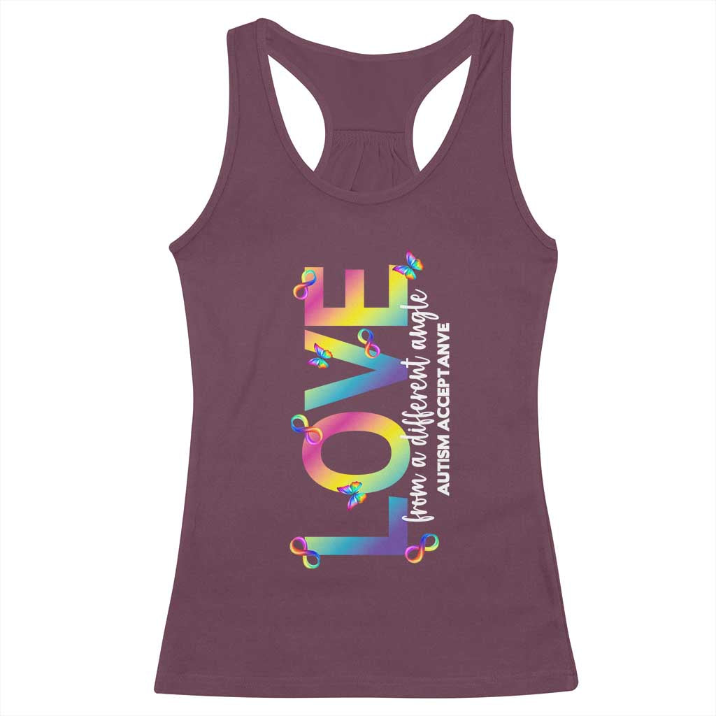 Autism Acceptance Racerback Tank Top Love From a Different Angle Rainbow Infinity TS02 Maroon Print Your Wear