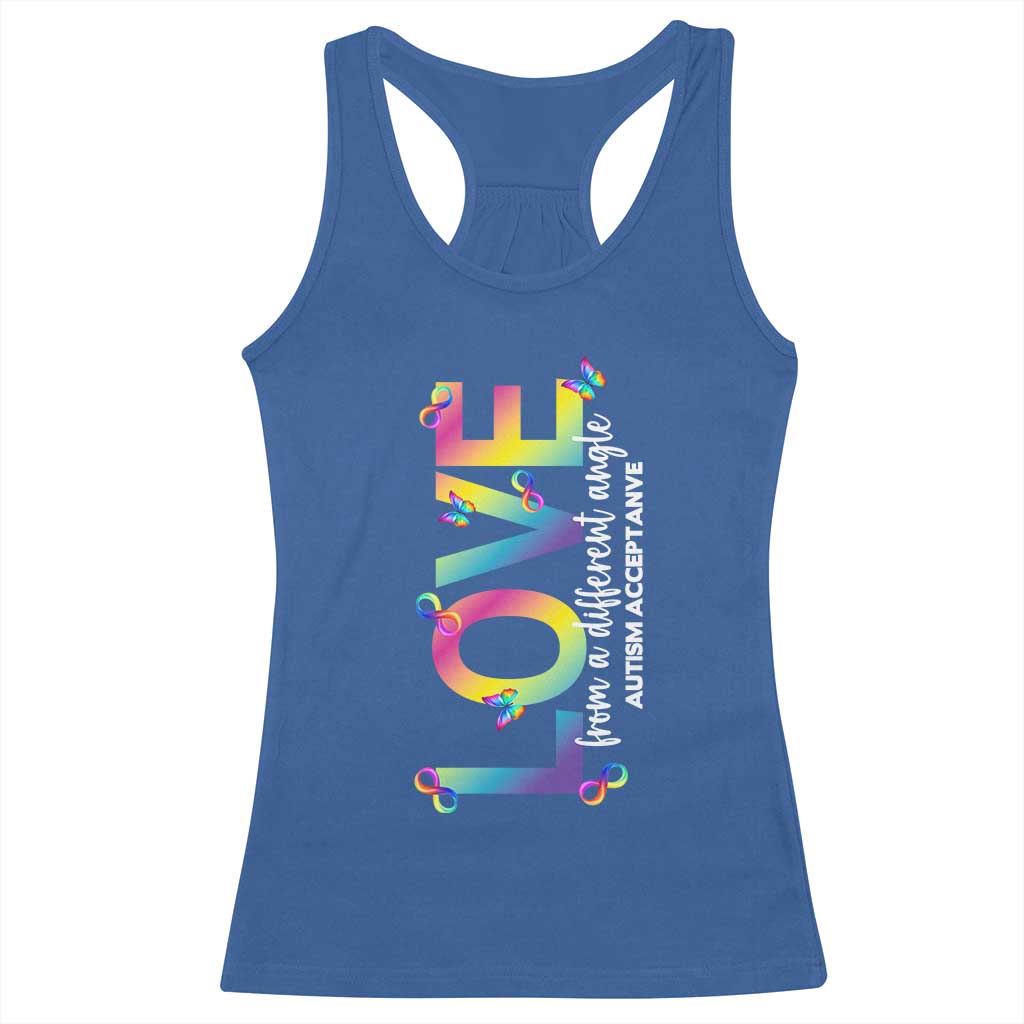 Autism Acceptance Racerback Tank Top Love From a Different Angle Rainbow Infinity TS02 Royal Blue Print Your Wear