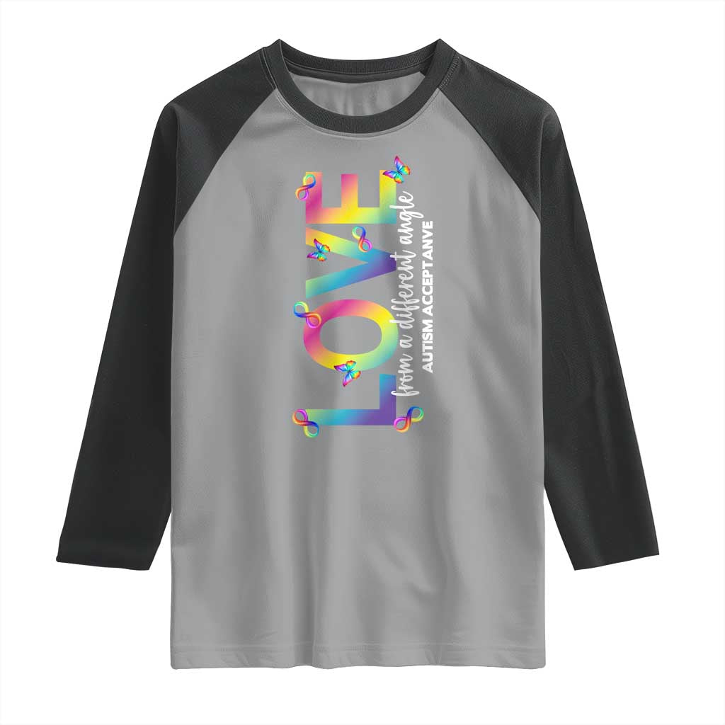 Autism Acceptance Raglan Shirt Love From a Different Angle Rainbow Infinity TS02 Sport Gray Black Print Your Wear