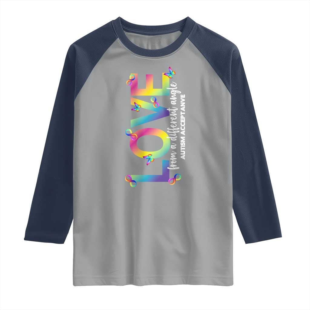 Autism Acceptance Raglan Shirt Love From a Different Angle Rainbow Infinity TS02 Sport Gray Navy Print Your Wear