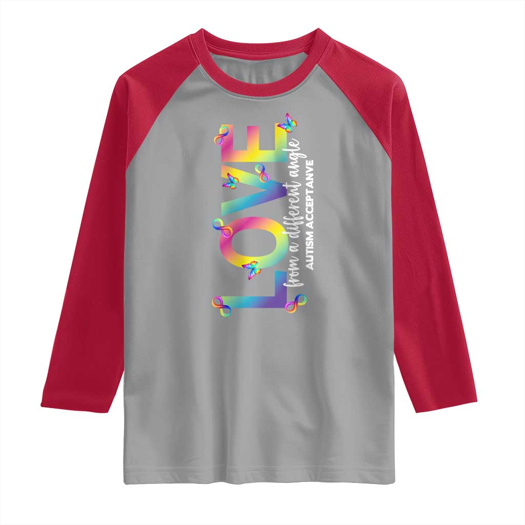 Autism Acceptance Raglan Shirt Love From a Different Angle Rainbow Infinity TS02 Sport Gray Red Print Your Wear