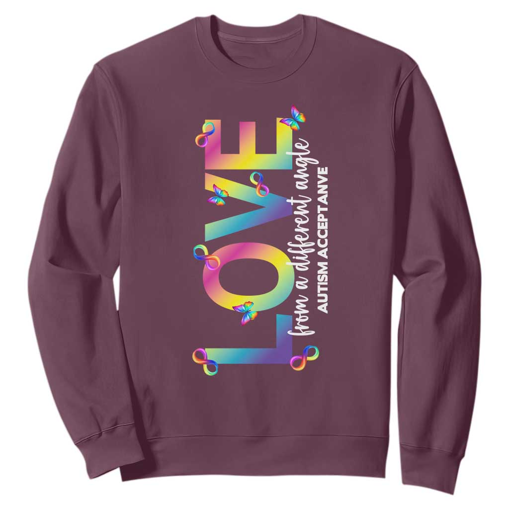 Autism Acceptance Sweatshirt Love From a Different Angle Rainbow Infinity TS02 Maroon Print Your Wear