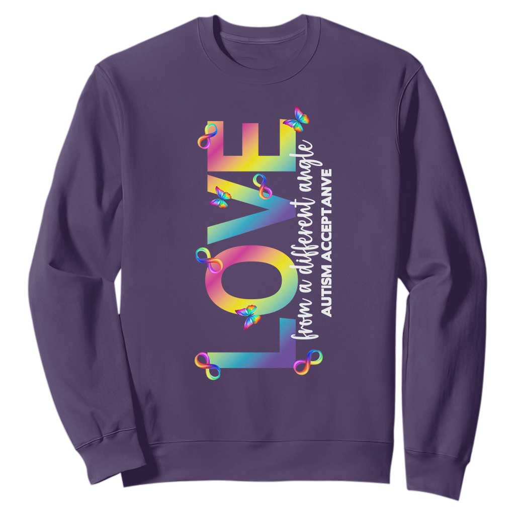 Autism Acceptance Sweatshirt Love From a Different Angle Rainbow Infinity TS02 Purple Print Your Wear