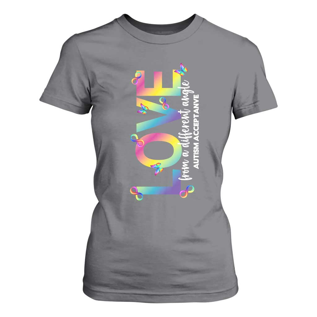 Autism Acceptance T Shirt For Women Love From a Different Angle Rainbow Infinity TS02 Charcoal Print Your Wear