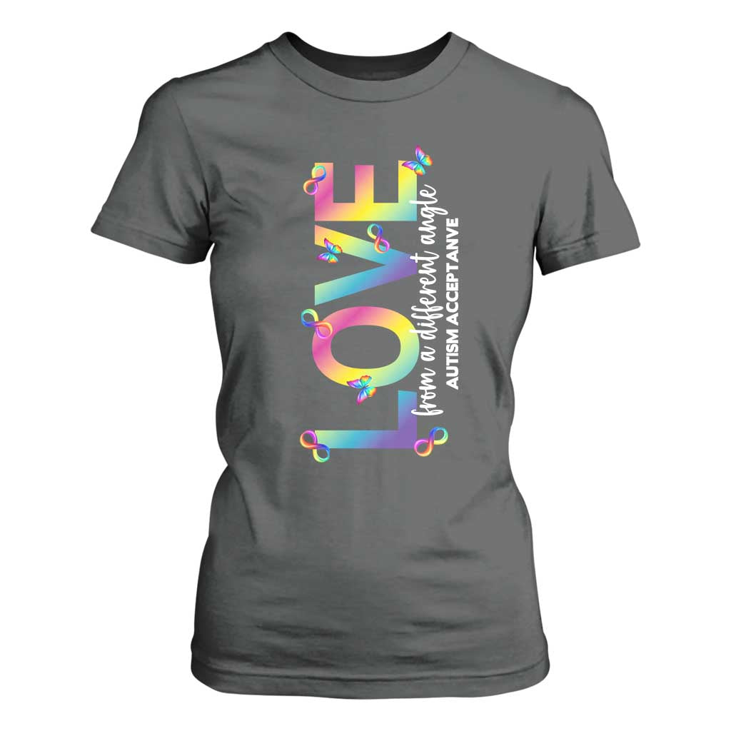 Autism Acceptance T Shirt For Women Love From a Different Angle Rainbow Infinity TS02 Dark Heather Print Your Wear