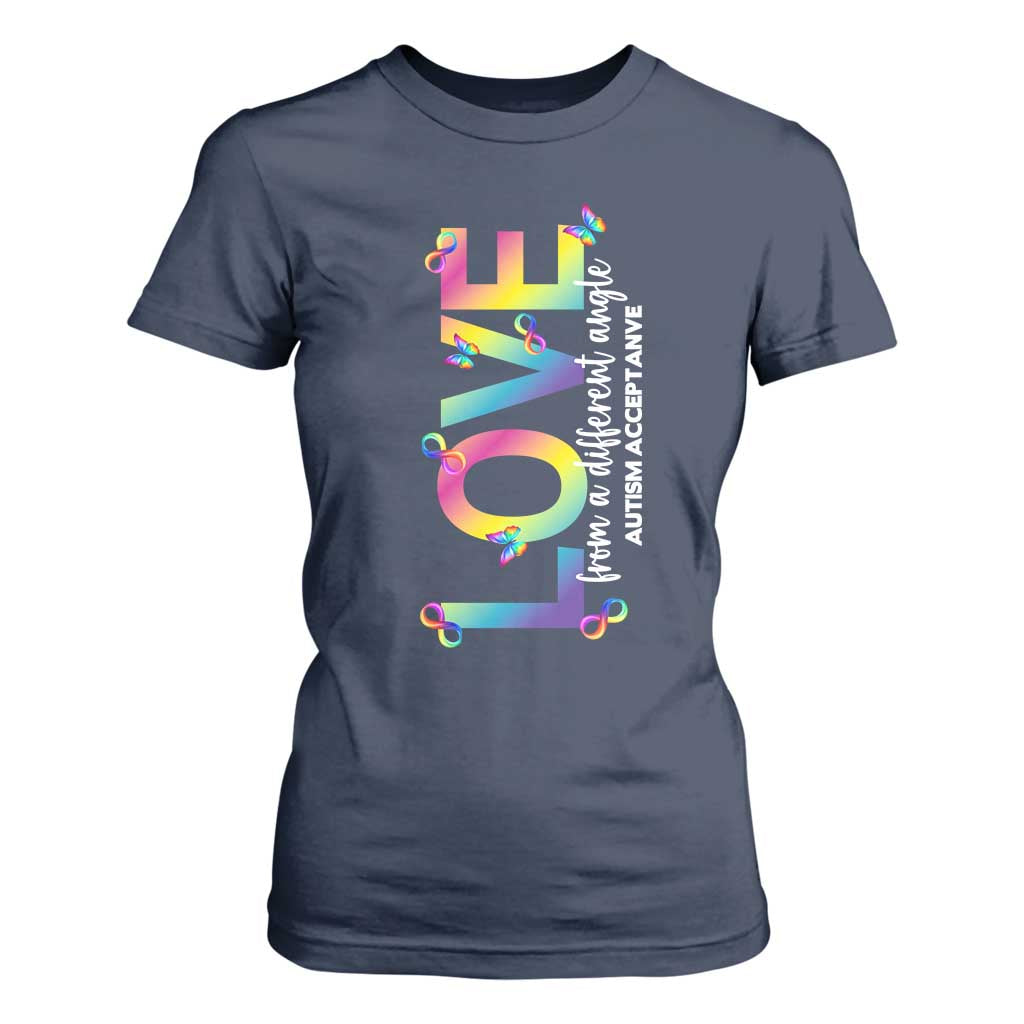 Autism Acceptance T Shirt For Women Love From a Different Angle Rainbow Infinity TS02 Navy Print Your Wear